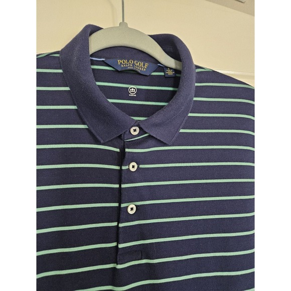 Mens Polo Golf Moisture Wicking Shirt Size L Navy Blue Green Stripes - Picture 3 of 7